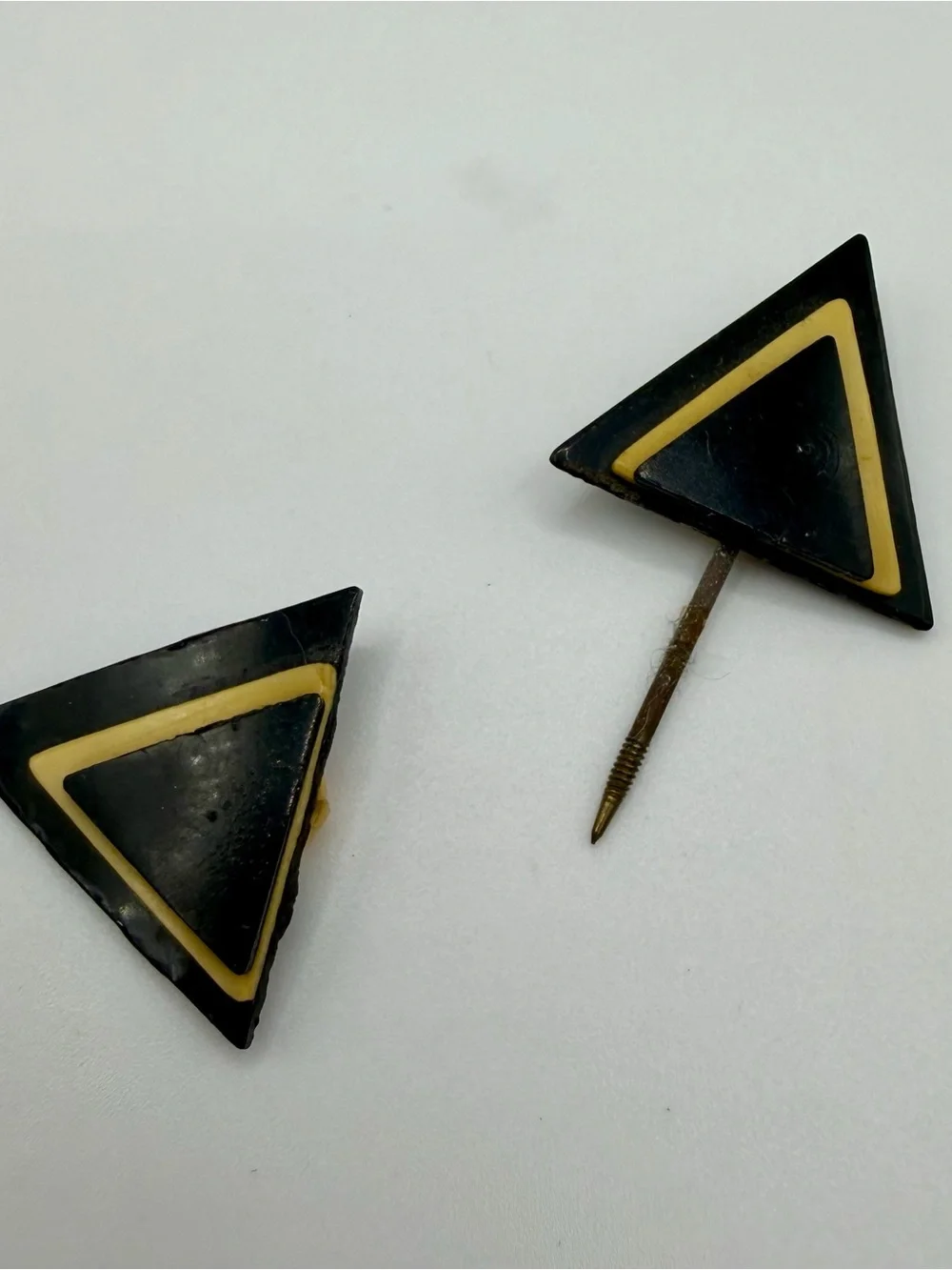 Black Cream Bakelite Geometric Triangle Double End Art Deco Jabot Vtg Layered